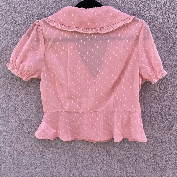 NWOT Chocolate USA Pink Puff Sleeve Crop Shawl Collar Blouse Sz M - Picture 6 of 8